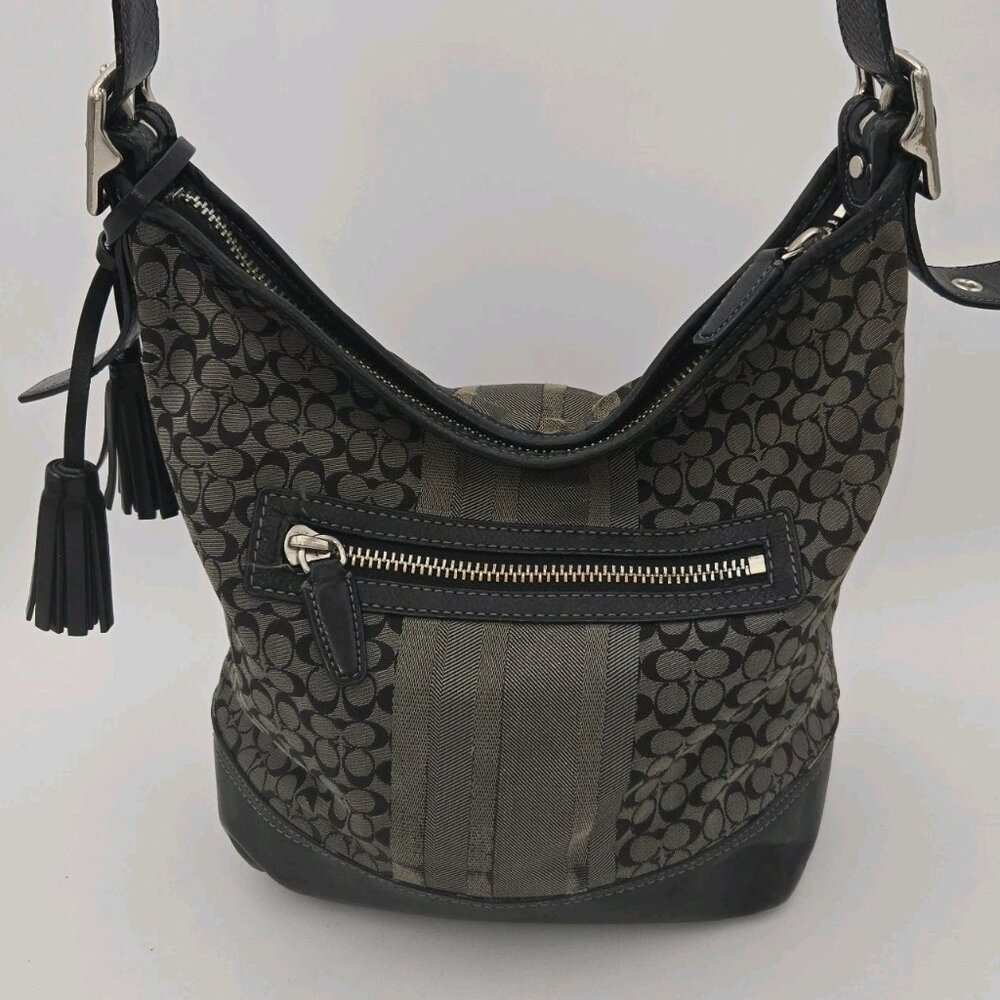 Coach Legacy Black Gray Signature Logo Purse Jacquard Duffle Shoulder Bag Tass
